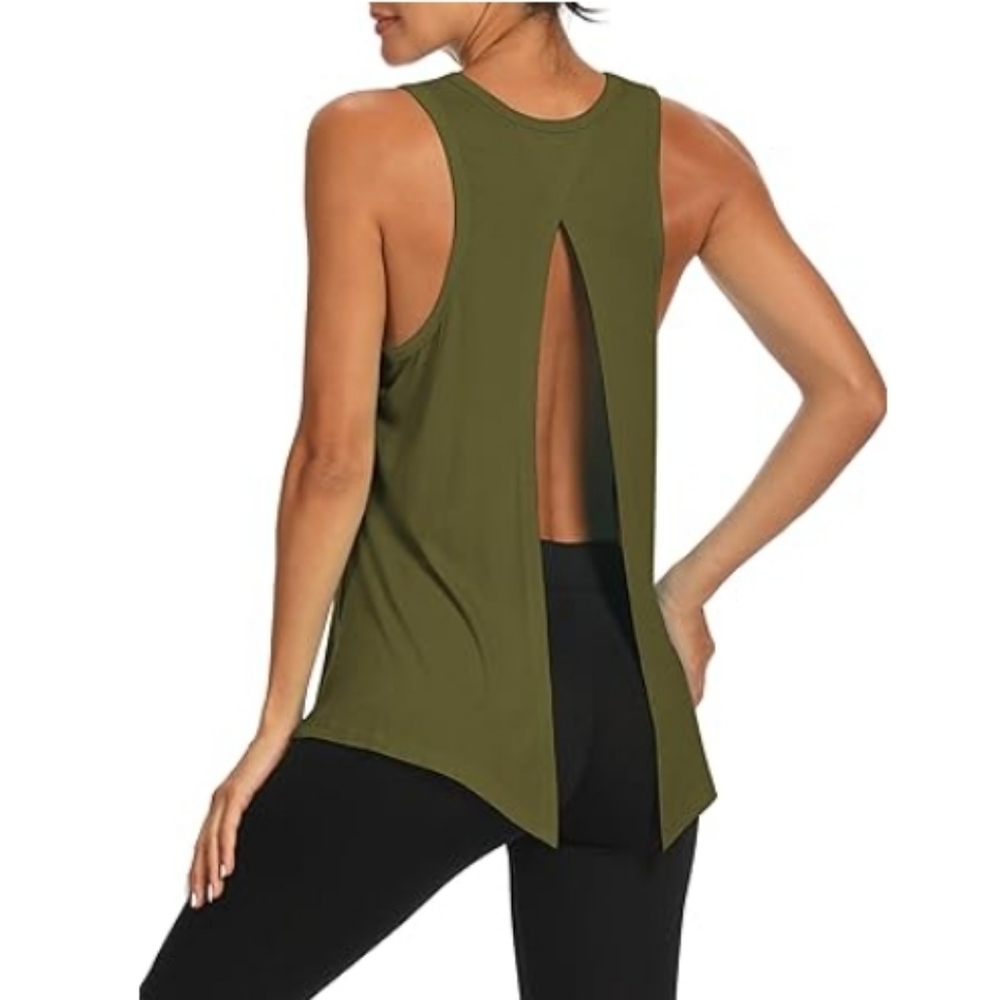 Bestisn Workout Tops Open Back Gym Workout Tie Back Musle Tank Army Green - Picture 4 of 6